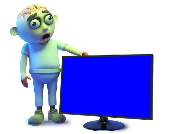 Αστείο τέρας ζόμπι συμπαθεί το βλέμμα του νέου οθόνη TV επίπεδης οθόνης HD, 3D εικονογράφηση — Διανυσματικό Αρχείο