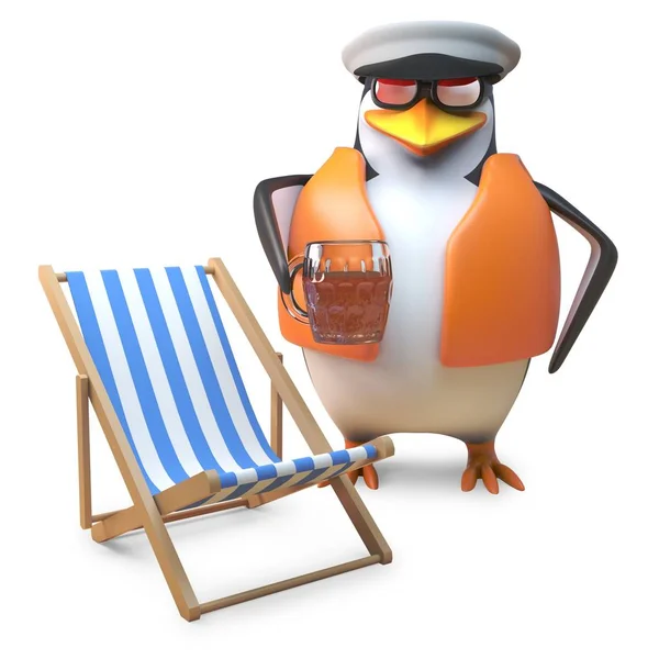 Marinheiro pinguim náutico em colete salva-vidas e marinheiros cap bebe uma caneca de cerveja perto de cadeira de praia, ilustração 3d — Vetor de Stock