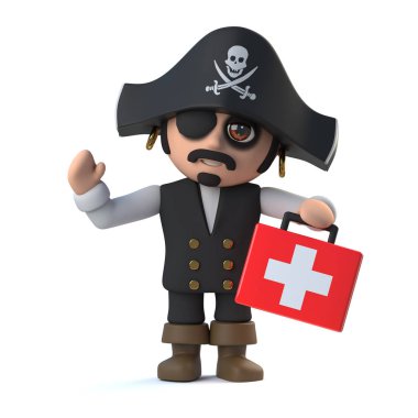 3d Crazy karikatür korsan kaptan bir ilk yardım kiti var