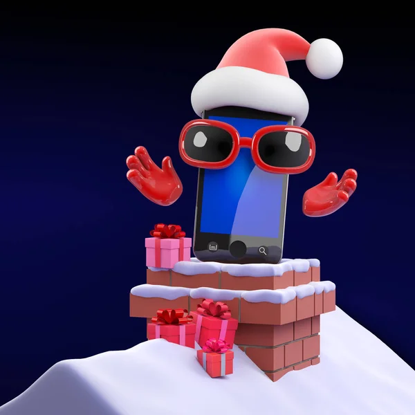 3D-Weihnachtsmann-Smartphone geht den Schornstein hinunter — Stockfoto