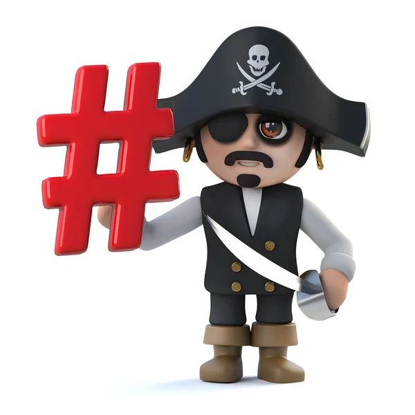 3d engraçado cartoon pirata capitão personagem segurando um hash tag internet símbolo — Fotografia de Stock