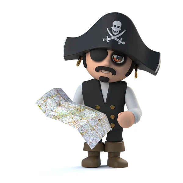 3d loco de dibujos animados pirata capitán comprueba su mapa — Foto de Stock