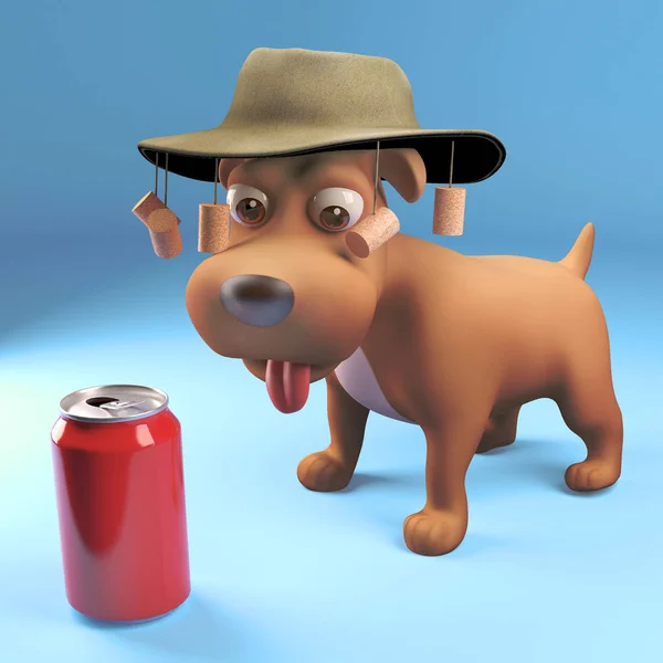 Chien chiot 3d Xote portant un chapeau de brousse australien regardant un soda peut boire, illustration 3d — Photo