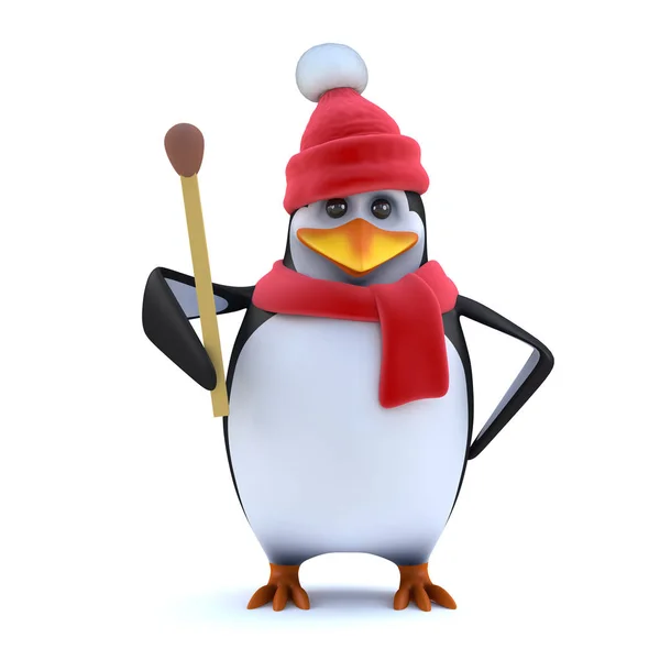 3d pinguino invernale tiene un fiammifero ad esso — Foto Stock