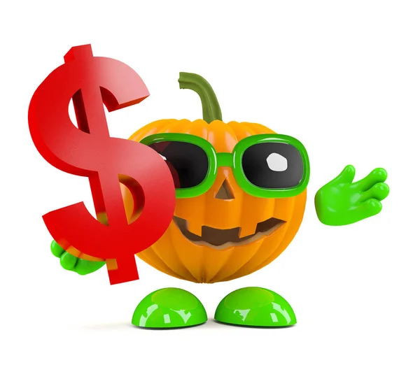 3d Pumpkin man holds a US Dollar symbol — Stock Photo, Image