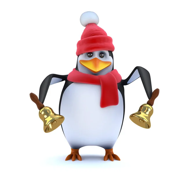 3D-Winterpinguin läutet seine Messingglocken — Stockfoto