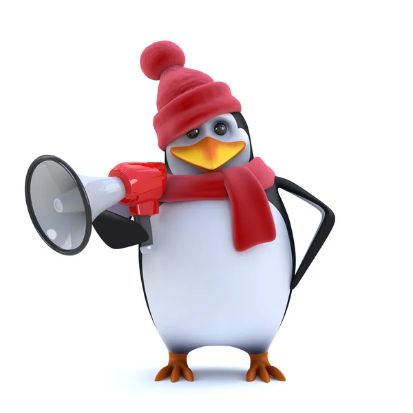 3D téli pingvin segítségével megafon — Stock Fotó