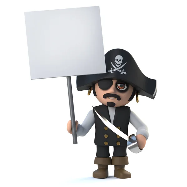 3d Cute cartoon pirate captain character holds up a blank placard — Stockfoto