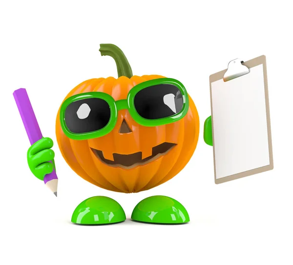 3d Pumpkin man with clipboard and pencil — Stock Photo, Image