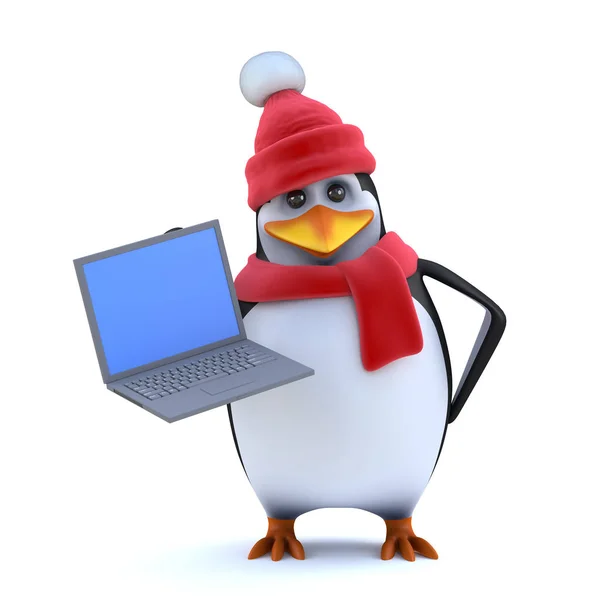 3D zima Pingwin ma nowy laptop PC, aby pokazać — Zdjęcie stockowe
