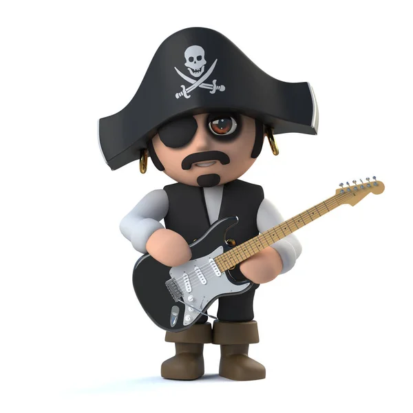 3d Cute pirate captain character plays electric guitar