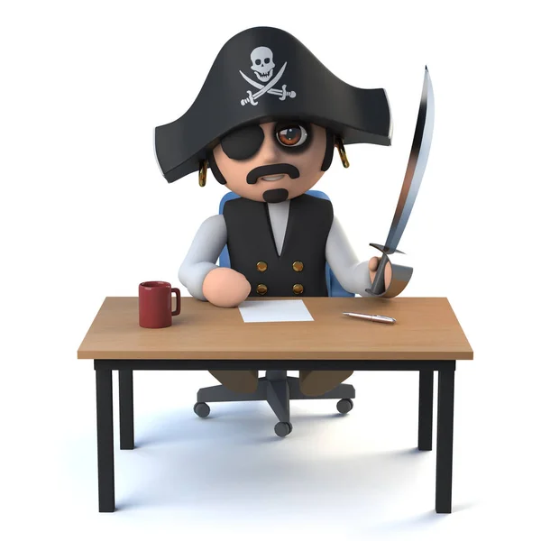 3d Pirate captain sits at his desk — Stock Photo, Image