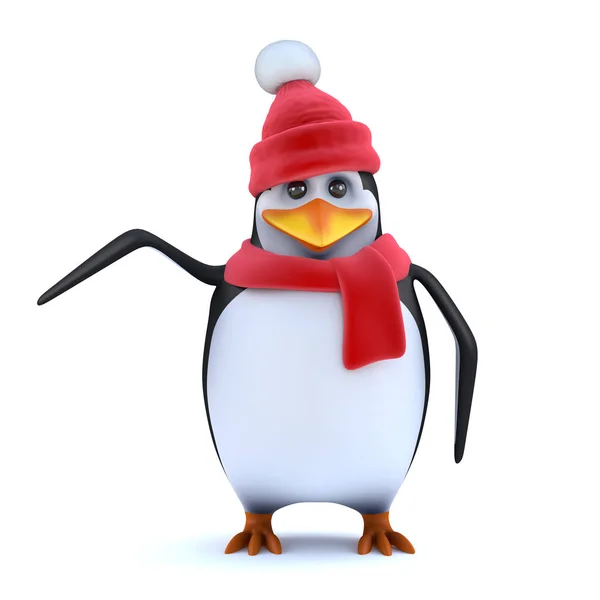 3D Winter Penguin rámutat arra, hogy valami érdekes — Stock Fotó