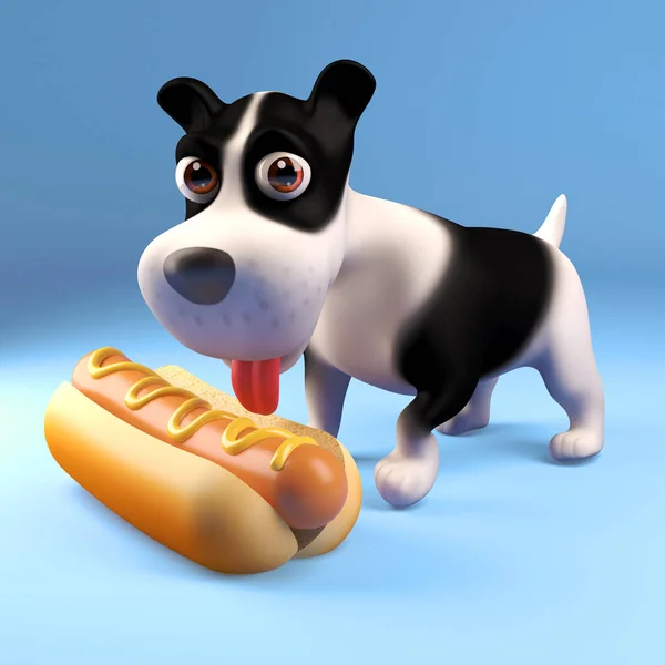 3d kartun anjing makan hot dog, ilustrasi 3d — Stok Foto