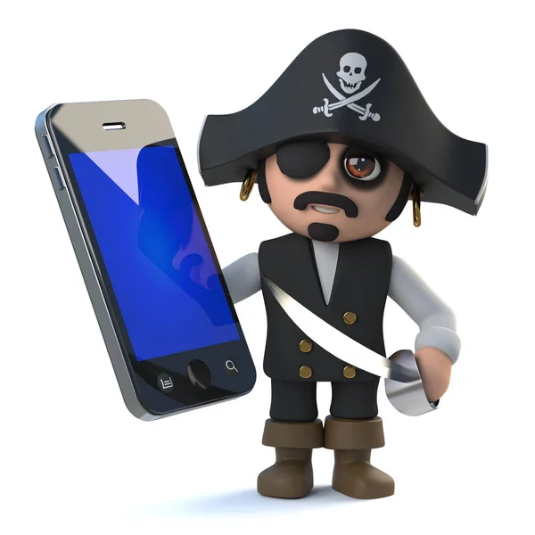 3d Funny pirate captain character has a new smartphone tablet device — Stock Photo, Image