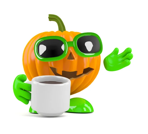 3d Pumpkin man has a coffee break — Stock Photo, Image