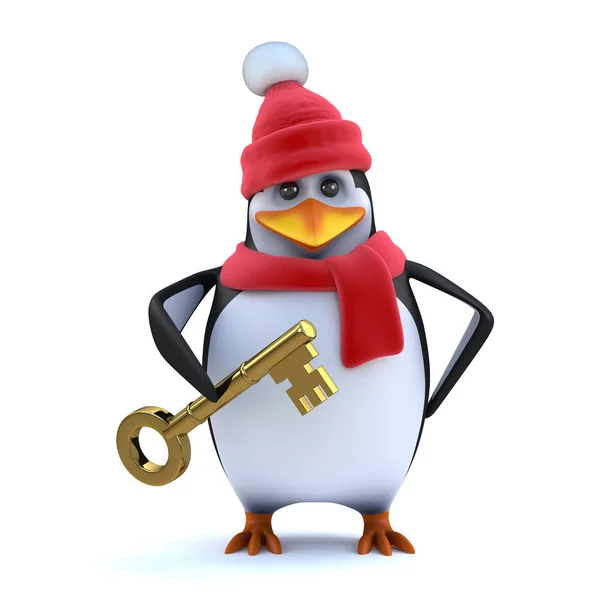 3D冬のペンギンは、金のキーを持っています — ストック写真