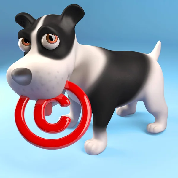 3d bonito cachorro cão segurando um símbolo de direitos autorais em seu focinho, ilustração 3d — Fotografia de Stock