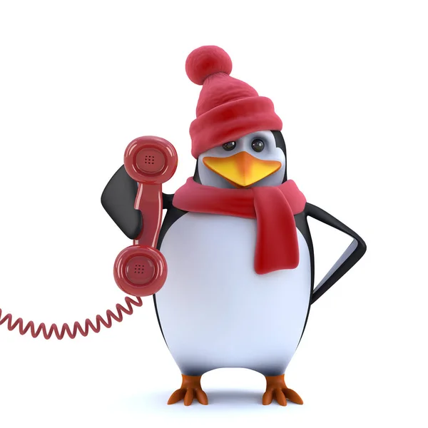3d pinguim de Natal atende o telefone — Fotografia de Stock