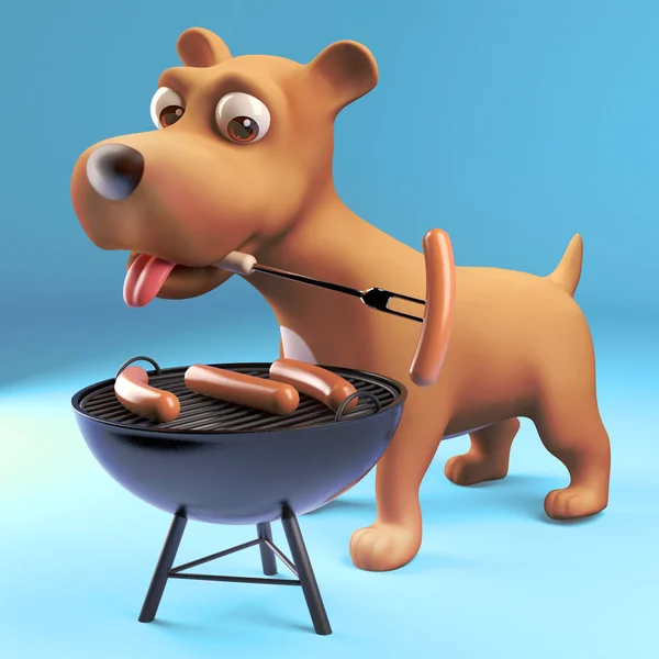 3d dibujos animados cachorro perro cocina embutidos en una barbacoa barbacoa, 3d ilustración — Foto de Stock