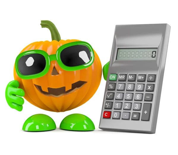 3d Pumpkin man with a calculator — Stock Photo, Image