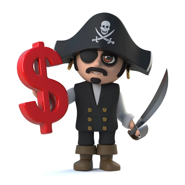 Capitão pirata 3d detém símbolo de moeda dólar americano — Fotografia de Stock