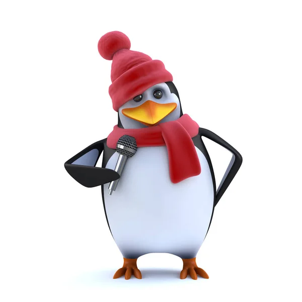 3d Winter penguin sings into the microphone — Stock Photo, Image