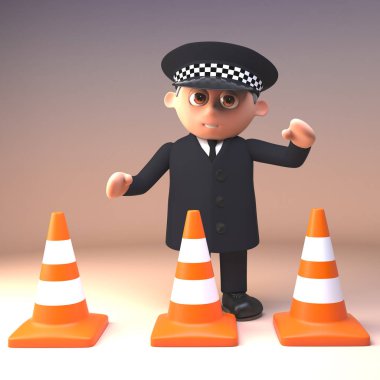 Polis üniforması komik karikatür 3d polis karakteri yol çalışmaları trafik konileri, 3d illüstrasyon bir satır arkasında duruyor