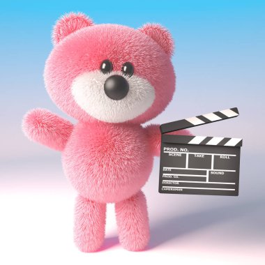 3d pembe oyuncak ayı sevimli oyuncak karakter tutan bir film yapımcısı film kayrak, 3d illüstrasyon