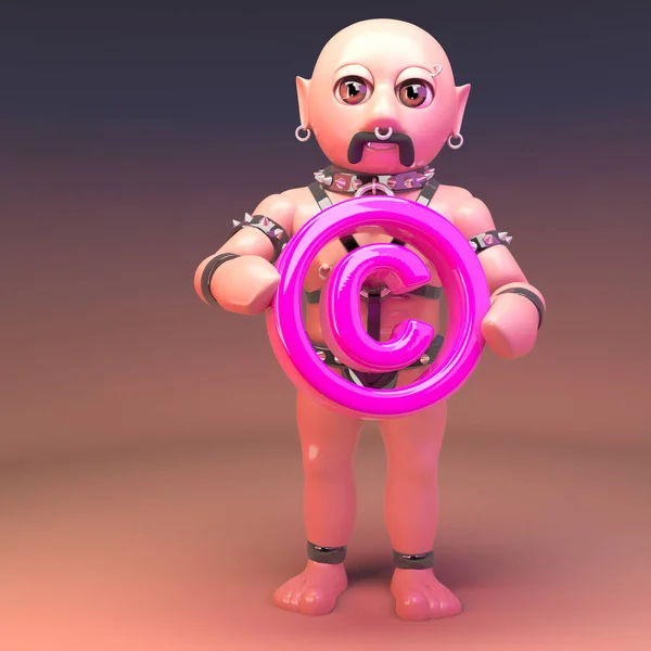 3d 卡通 同性恋 皮革 恋物癖 男子 拿着一个粉红色的版权符号， 3d 插图 — 图库照片
