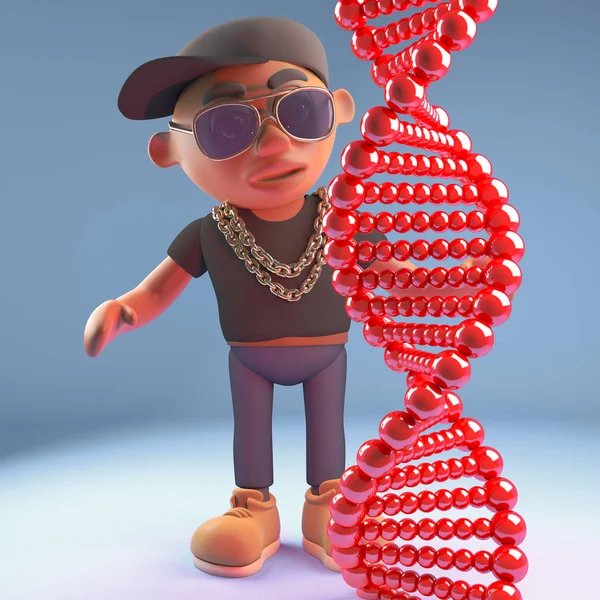 Kreslený 3D černý hiphopský rapper samplování postava s pohledem na genetickou DNA dvojitá Helix, 3D ilustrace — Stock fotografie
