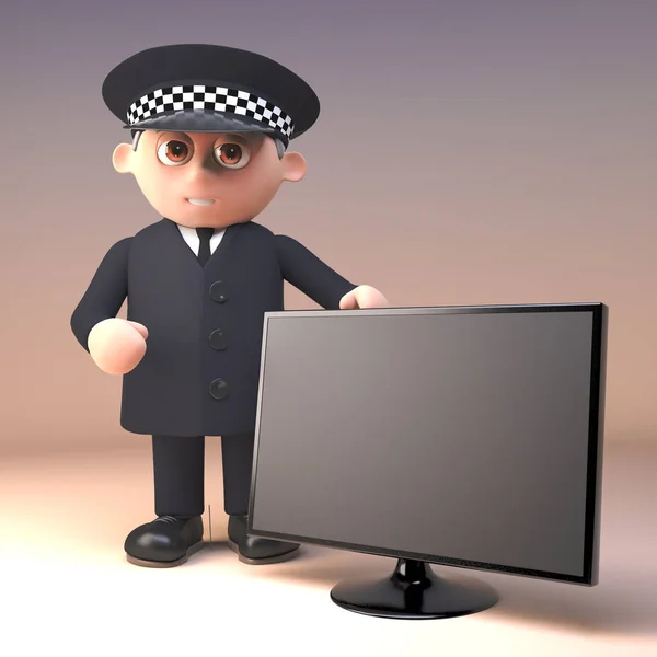 Grappige cartoon 3D politieagent karakter in politie uniform staat door een breedbeeld televisie monitor, 3D illustratie — Stockfoto