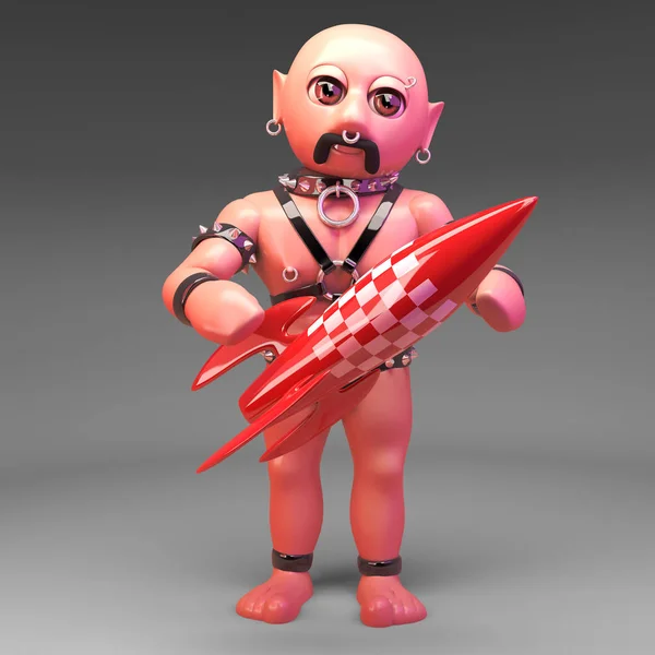 Dibujos animados 3d gay fetiche de cuero hombre sosteniendo un cohete rojo, 3d ilustración — Foto de Stock