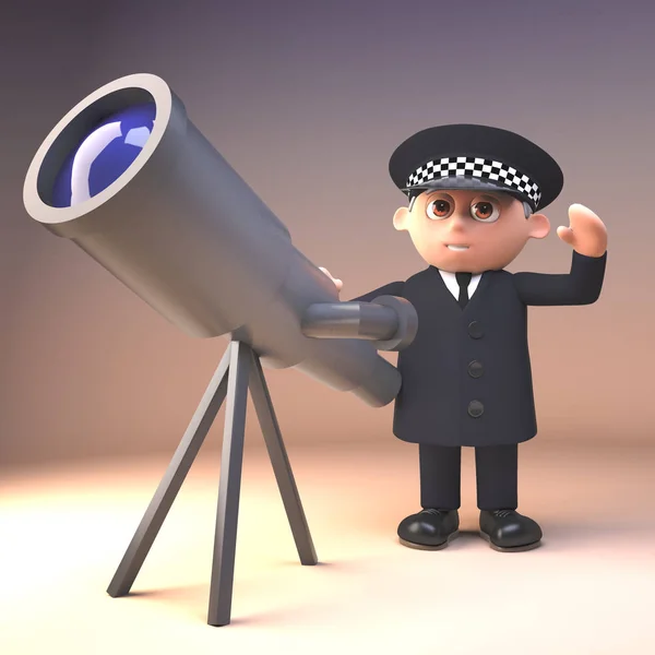 3D Cartoon politieman karakter in politie uniform naast een bewakings telescoop, 3D-illustratie — Stockfoto