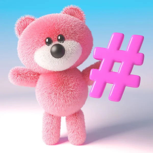 Personnage d'ours en peluche rose 3d tenant un symbole de hashtag de médias sociaux rose, illustration 3d — Photo