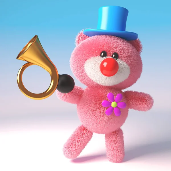 3D Pink Teddy Bear gosiga leksak klädd som en clown med röd näsa, hatt och gamla bil horn, 3D illustration — Stockfoto