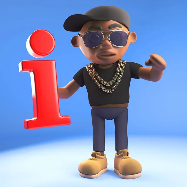 3D Czarny hiphop raper emcee charakter gospodarstwa czerwony symbol informacyjny, ilustracja 3D — Zdjęcie stockowe