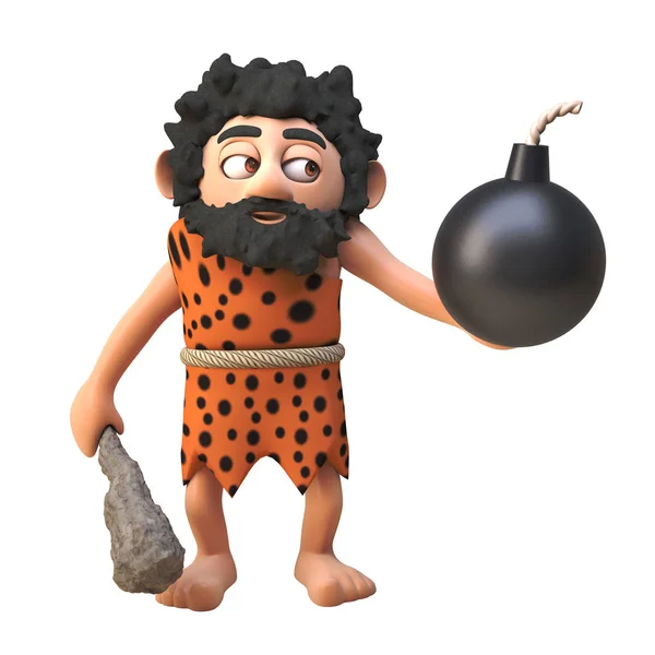 3d de dibujos animados personaje de cavernícola prehistórico que sostiene una bomba de pólvora y el club, ilustración 3d — Foto de Stock