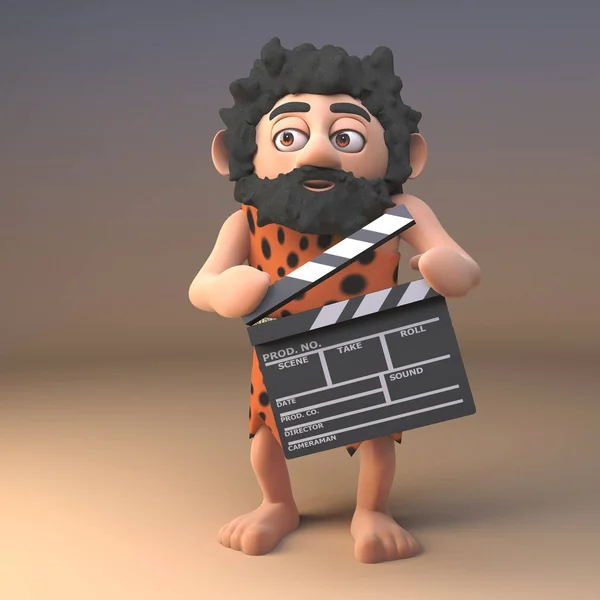 Cartoon 3d prehistoric caveman character in animal pelt using a movie makers film slate, 3d illustration
