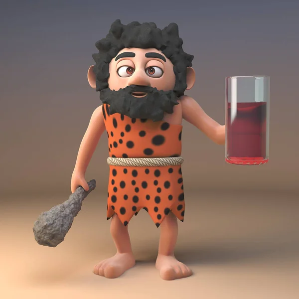 Sediento personaje de dibujos animados 3d cavernícola prehistórico sosteniendo un vaso de jugo de frutas y un club, ilustración 3d — Foto de Stock