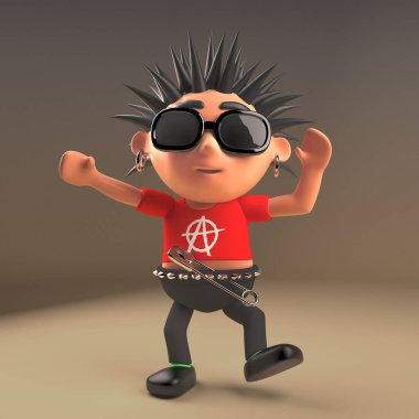 Dikenli saçlı 3d çizgi film punk rockçı karakter Dancing, 3d illüstrasyon