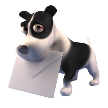 Sevimli 3d köpek yavrusu karakter bir zarf posta mesajı tutan, 3d illüstrasyon