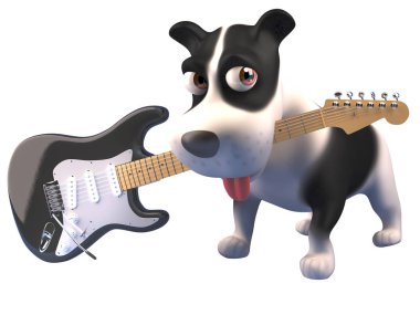 Ağzında bir elektrik gitar tutan 3d köpek yavrusu karakteri, 3d illüstrasyon