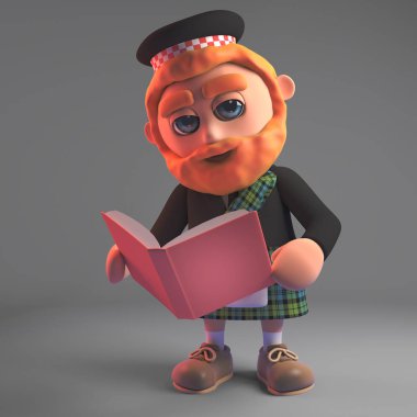 Kilt ve sporran 3d karikatür İskoç adam bir kitap okuma, 3d illüstrasyon