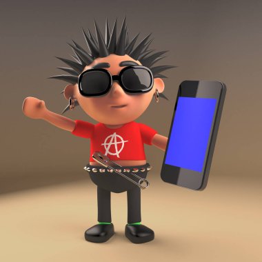 3d karikatür dikenli saçlı genç punk rock karakteri kullanarak bir akıllı telefon tablet cihazı, 3d illüstrasyon