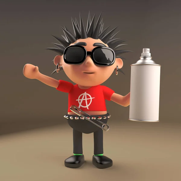 Spiky haired cartoon 3d punk rocker remaja character holding an aerosol spray can, 3d illustration — Stok Foto