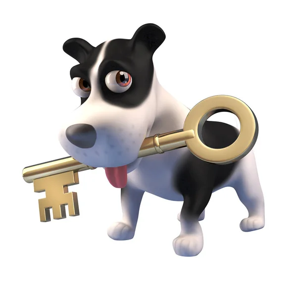 3d desenho animado cão personagem segurando uma chave de ouro em sua boca, ilustração 3d — Fotografia de Stock