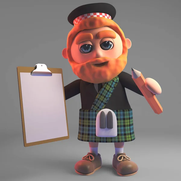 Kilt bir pano ve kalem tutan 3d karikatür kırmızı sakallı İskoç adam, 3d illüstrasyon — Stok fotoğraf