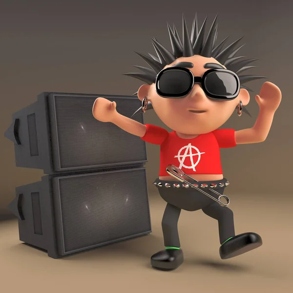 Kartun 3d punk rock remaja dengan spiky rambut menari di depan pa sound system speaker stack at a rave, 3d illustration — Stok Foto