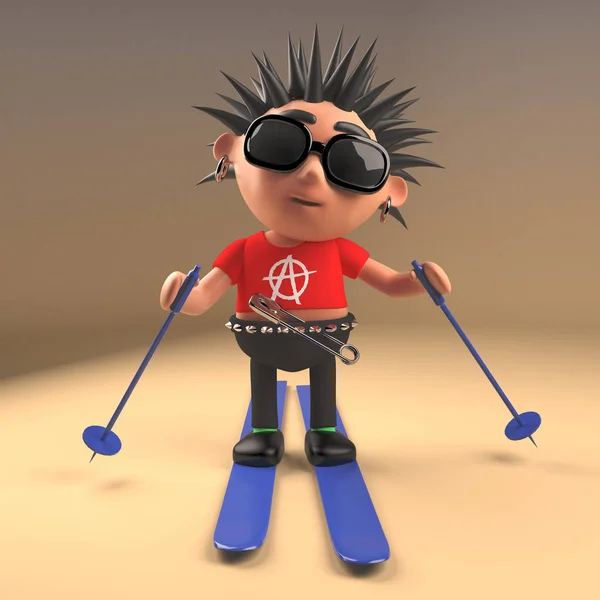 Cartoon 3d punk rock teenager with spiky hair skiing on skis, 3d illustration — Stock Photo, Image